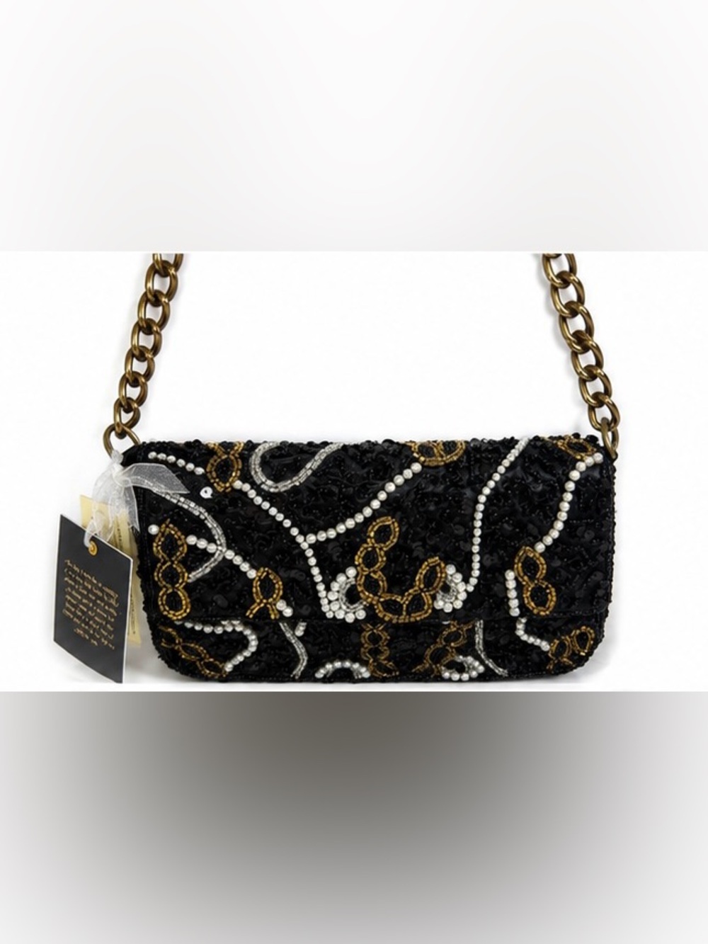 Made in India black Beaded Sequin Shoulder Bag Pearl Bead, Gold Chain Strap NWT